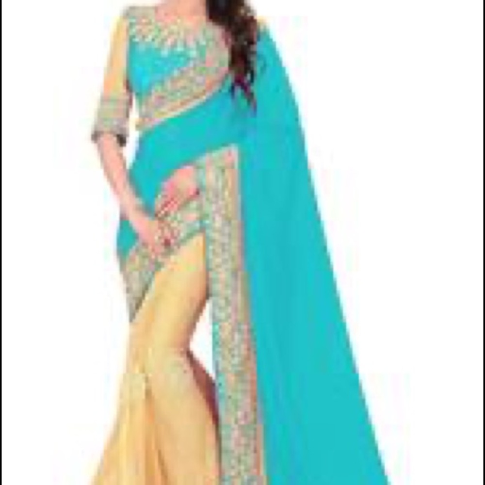 Turquoise and Gold short Sleeve Saree Dress